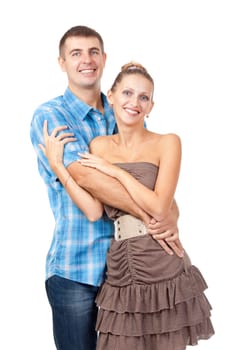 Happy smiling young caucasian couple piggyback isolated on white background