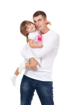 Happy man and his daughter. Isolated on white background. Studio shot