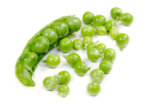Green peas pods over a white background