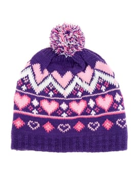 Violet knitted winter hat with a pattern isolated on white background