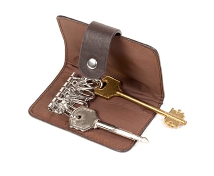 Brown Leather Purse for Keys Isolated on White Background