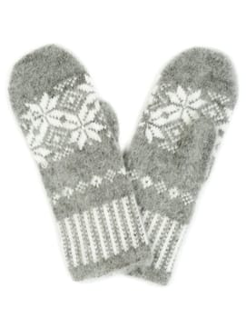 Grey knitted gloves with a pattern of snowflakes isolated on white background