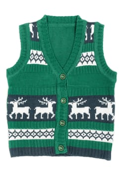 knitted vest with a Christmas ornament (with deer). Isolate on white background.