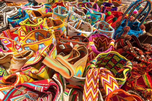 Typical colorful bags of the Wayuu Indians for sale as souvenirs in Riohacha, Colombia