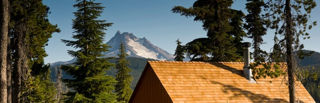 Long Panoramic View of Trees Amoung Cabin Rooftops Around Olallie Lake Near Mount Jefferson Oregon State North America