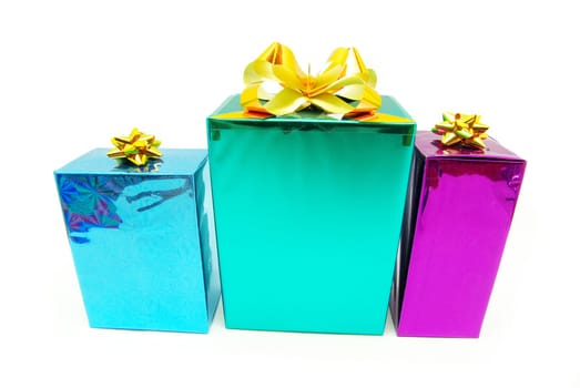 Christmas box gifts with satin bow isolated on white background