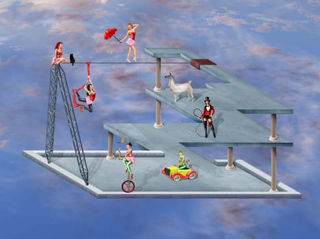 Circus performers in an impossible surreal circus