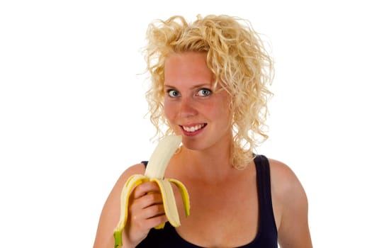 Young woman with banana isolated on white background
