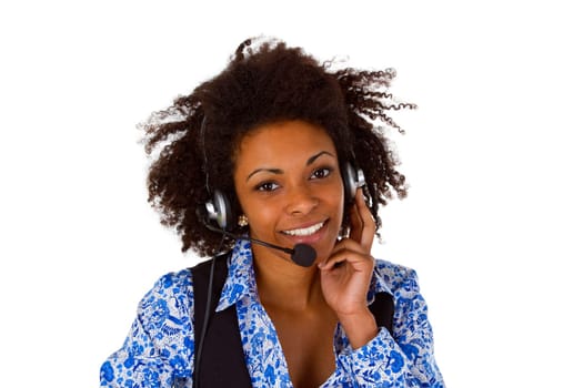 Young woman with headset isolated on white background