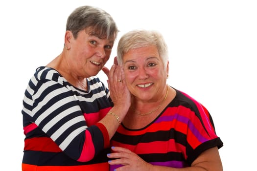 Two senior citizens communicate with each other . Isolated on white background
