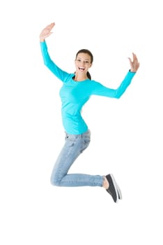 Jumping happy young woman, isolated on white background