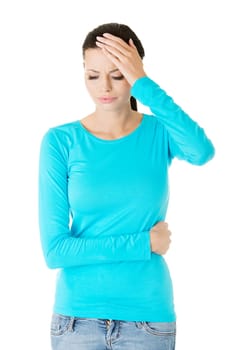 Young sad woman have big problem ,depression or headache , over white background