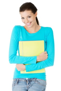 Happy student woman with notebooks, isoalted on white background