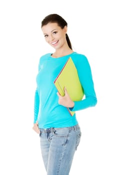 Happy student woman with notebooks, isoalted on white background