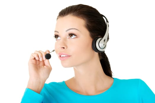 Beautiful young call-center assistant smiling , isolated on white