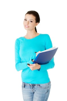 Happy student woman with notebook, isolated on white background