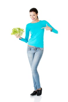 Portrait of attractive caucasian smiling woman with salat, isolated on white