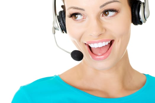 Beautiful young call-center assistant smiling , isolated