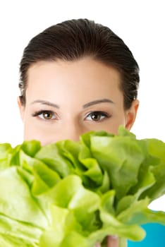 Portrait of attractive caucasian woman with salat, isolated on white