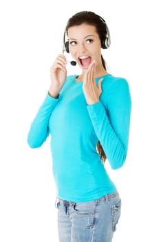 Beautiful young call-center assistant smiling , isolated on white