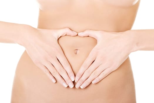 Hand on belly isolated on white background