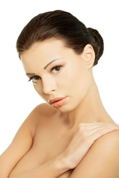 Baeutiful young woman portrait with healthy clean skin, isolated on white