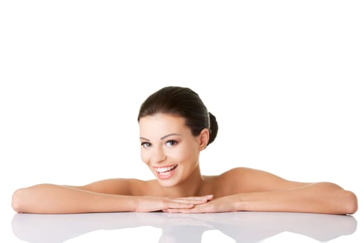 Portrait of a beautiful female model on white background