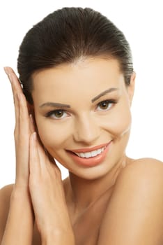 Baeutiful young woman portrait with healthy clean skin, isolated on white