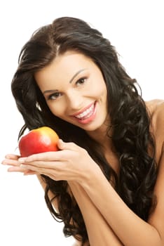 Sexy woman with red apple, isolated on white