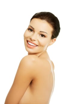Close-up portrait of young beautiful woman face on white background
