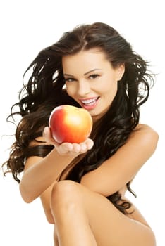 Happy fit nude woman with apple, isolated on white. Healthy life, diet and nutrition concept.