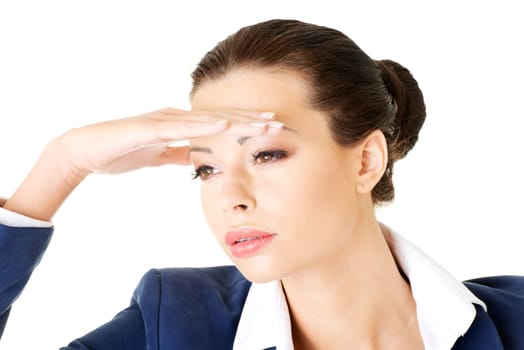 Business woman looking into the future, isolated on white