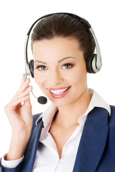 Beautiful young call-center assistant smiling , isolated on white