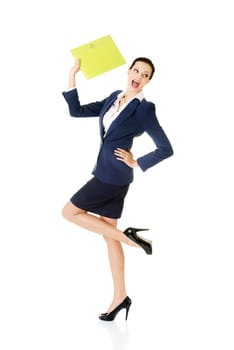 Full portrait of attractive happy businesswoman holding portfolio, isolated on white