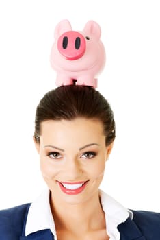 Happy business woman with her savings, isolated