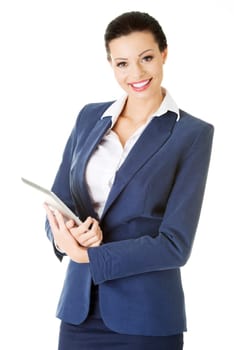 Attractive business woman using digital tablet computer PC, isolated on white background.
