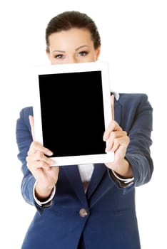 Business woman showing tablet PC with touch pad. Isolated on white