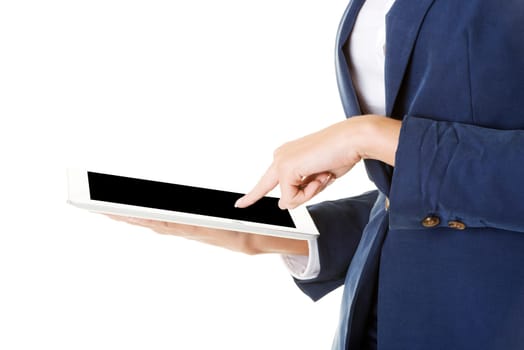 Attractive business woman using digital tablet computer PC, isolated on white background.