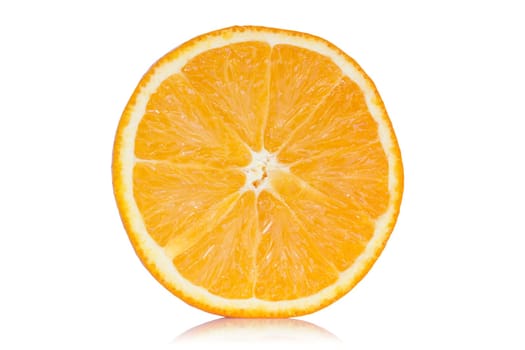 Slice of orange with reflection on white background