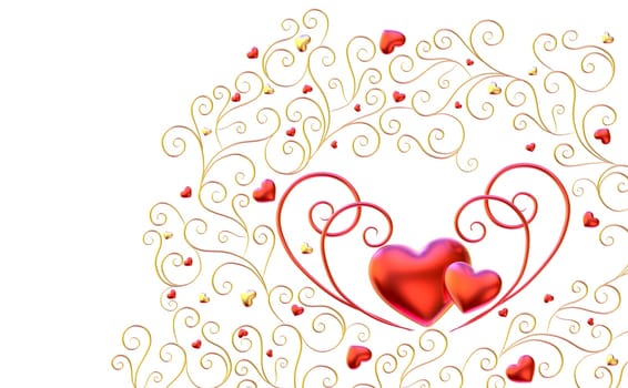 Beautiful golden curls branches with expensive ruby red hearts as decorative jewelry