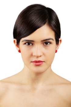 Serious young asian brunette woman isolated on white background.