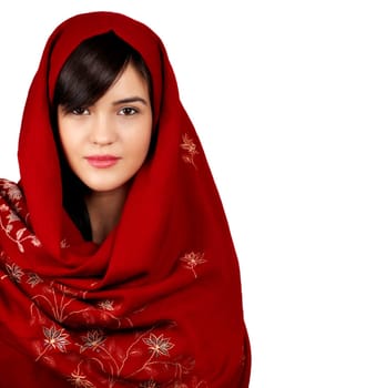 Young asian woman portrait wearing a red head scarf isolated on white.
