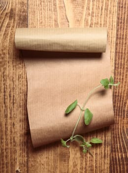Brown paper on wooden surface and a sprig of green