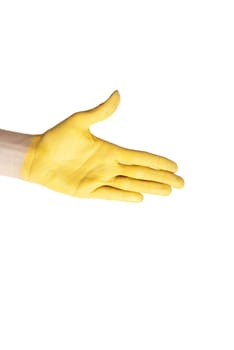 a yellow painted hand in handshake gesture