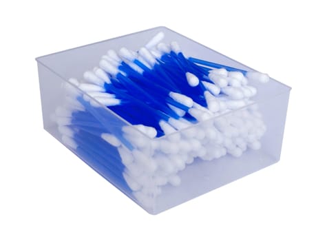 A cotton ear sticks in plastic box isolated on white