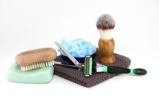 A collection of the simple items a rugged man needs in the bathroom.