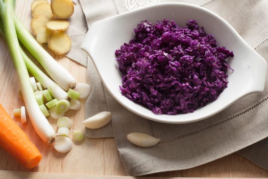Grated red cabbage, green onions, carrots, garlic and ginger for vegetarian pot stickers