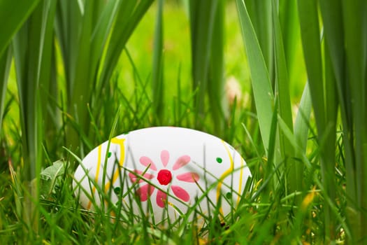 Painted Easter egg hidden in the grass and bulbs.