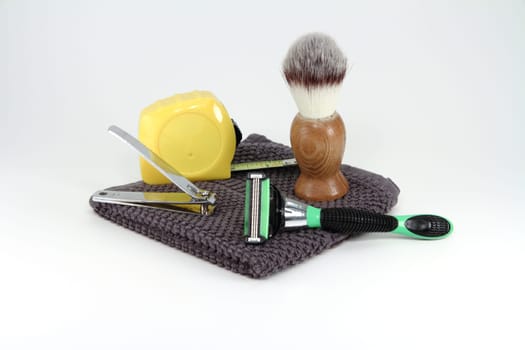 Bathroom and shaving supplies for use by a real man's man.