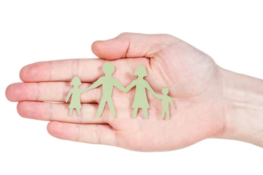 Paper family in hand isolated on white background